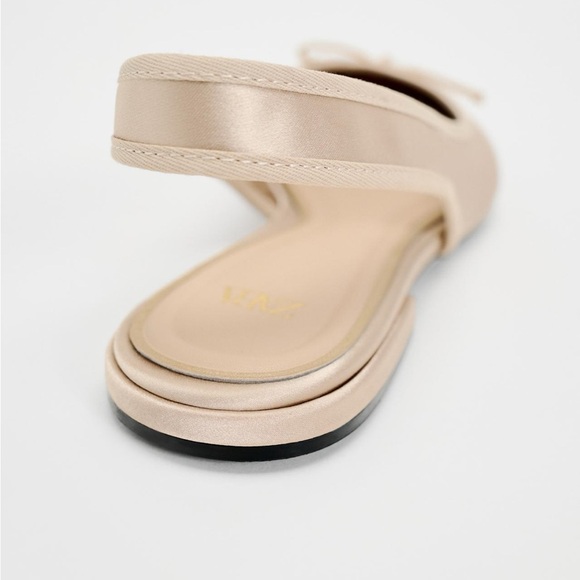 Zara NWT creased, bow detail cream satin slingback ballet flats - Picture 3 of 8